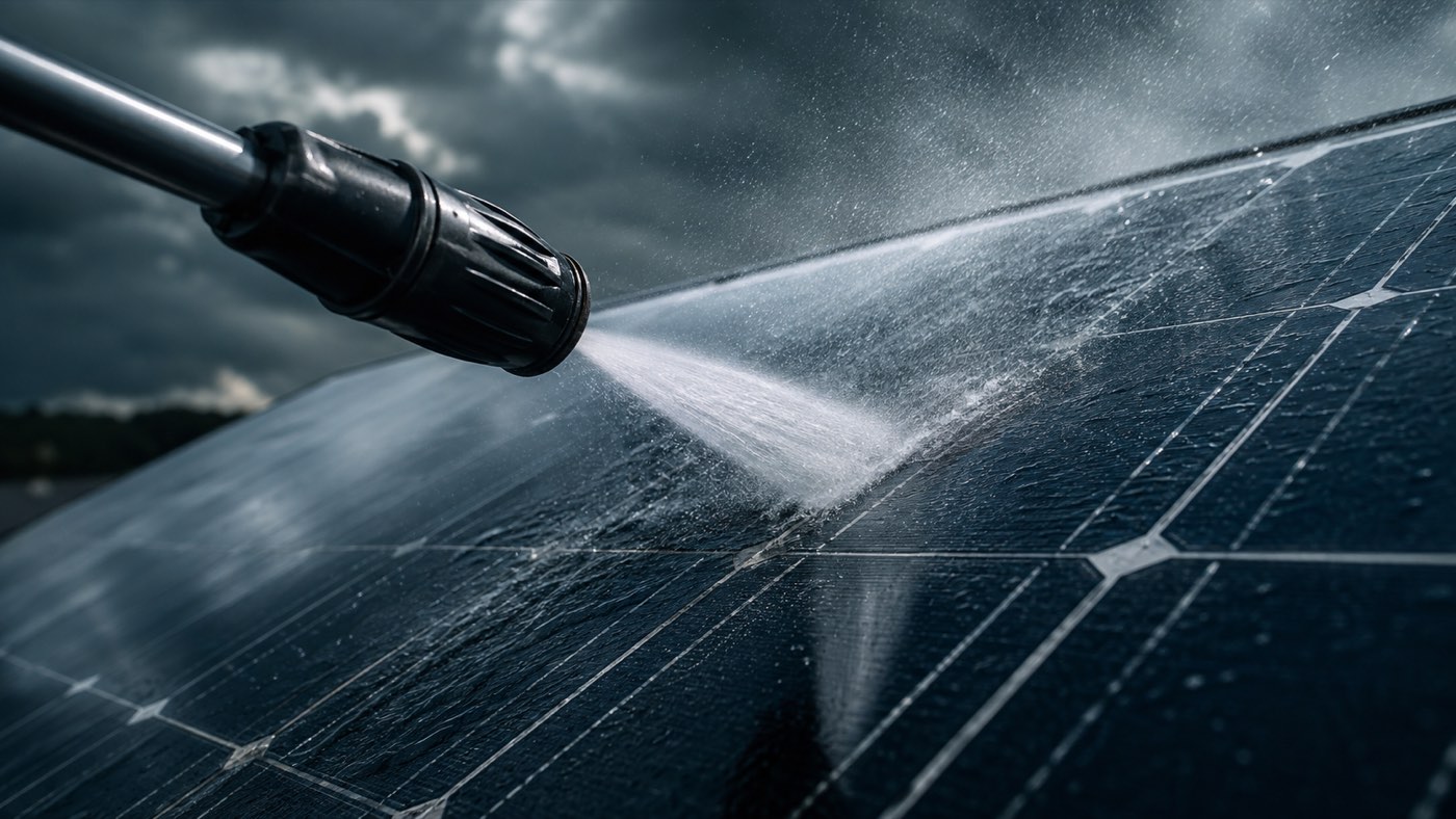 Hochdruckreiniger-Lanze sprüht scharfen Wasserstrahl gefährlich nah auf ein Solarmodul unter dunklem Gewitterhimmel