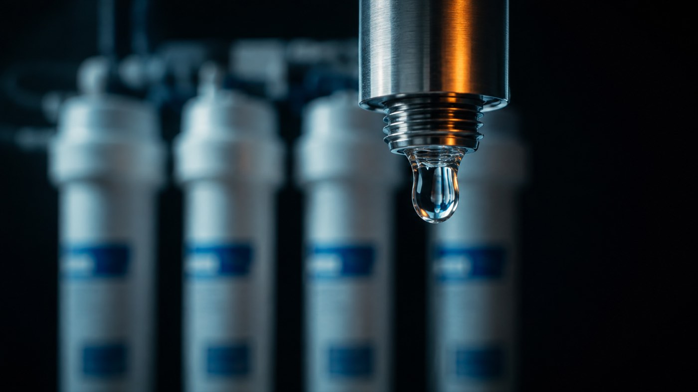 Osmosewasser für die Photovoltaikreinigung: kristallklarer Wassertropfen am Auslass einer Umkehrosmose-Anlage, Filterkartuschen im Hintergrund