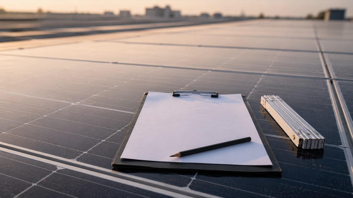 Photovoltaikreinigung Kosten kalkulieren: Klemmbrett mit Blatt, Bleistift und Zollstock auf dem Glas eines Solarmoduls