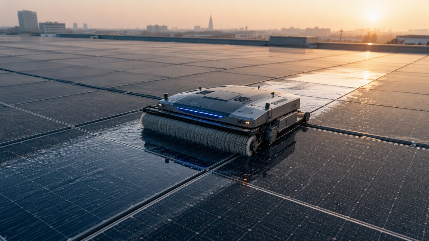 PV-Reinigungsroboter mit rotierender Bürstenwalze fährt über ein großes Flachdach mit Solarmodulen und hinterlässt eine saubere nasse Spur