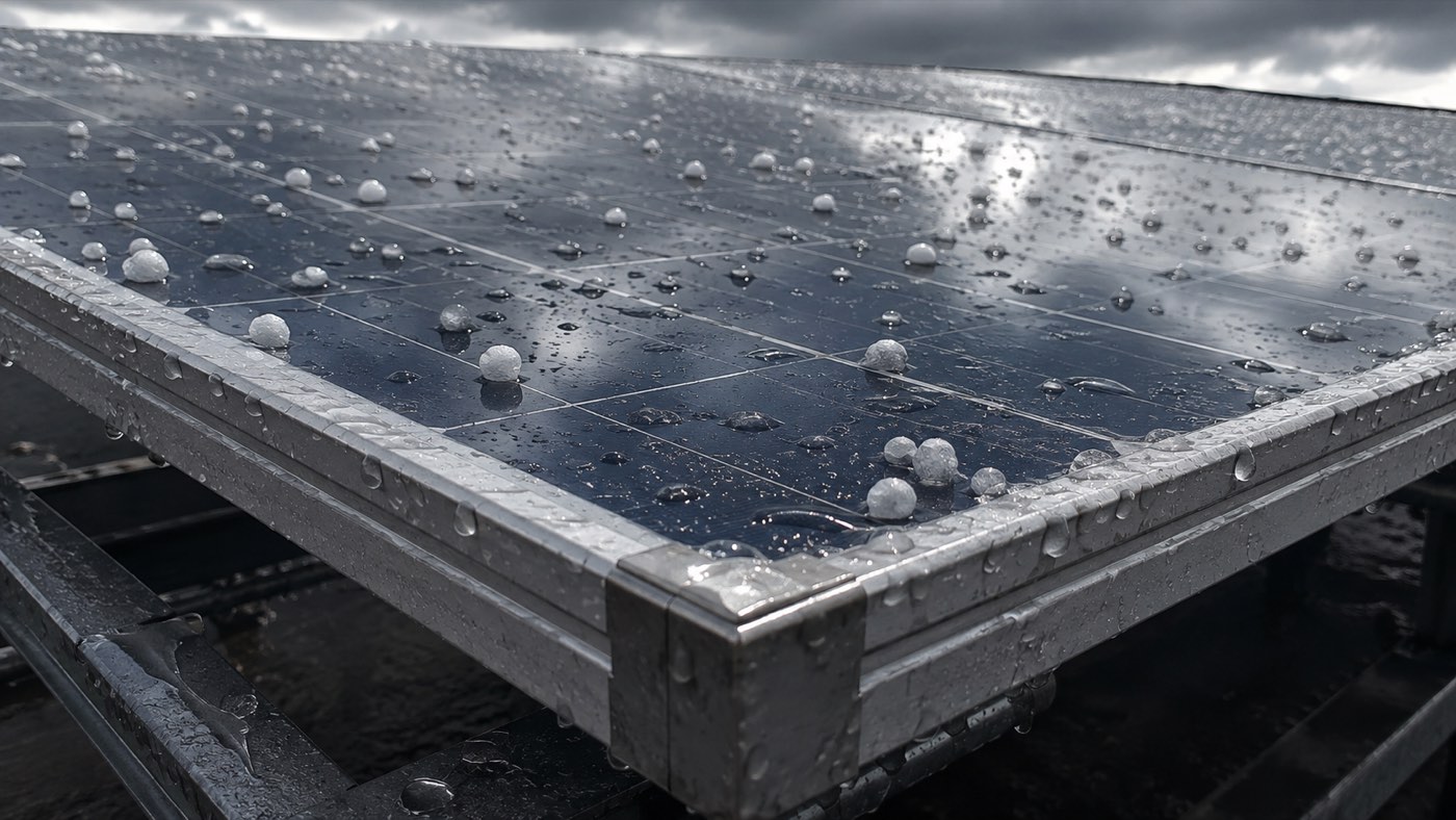 PV-Versicherung: Hagelkörner auf dem nassen Glas eines Solarmoduls nach einem Sommergewitter, dunkle Wolken spiegeln sich