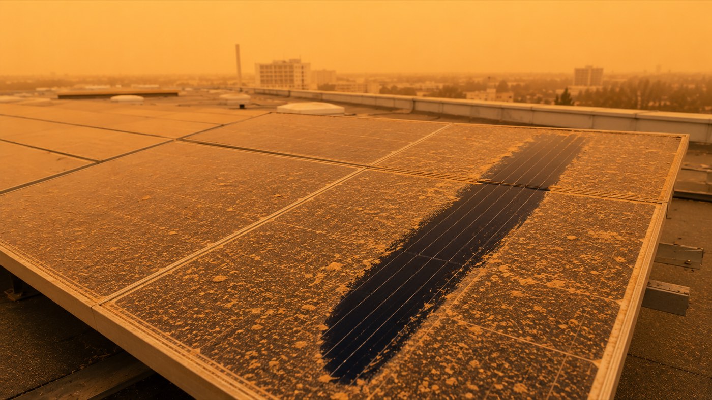 Saharastaub auf einer Photovoltaikanlage mit freigewischter Bahn unter orangem Himmel