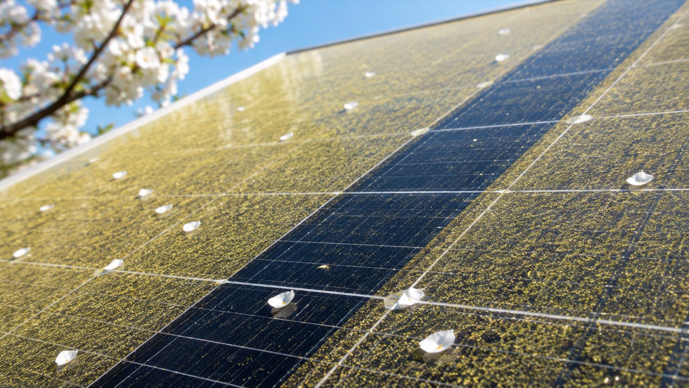 Wie oft Photovoltaik reinigen: Solarmodul im Frühjahr mit gelbem Pollenfilm und Blütenblättern, ein sauber gewischter Streifen zeigt das dunkle Glas
