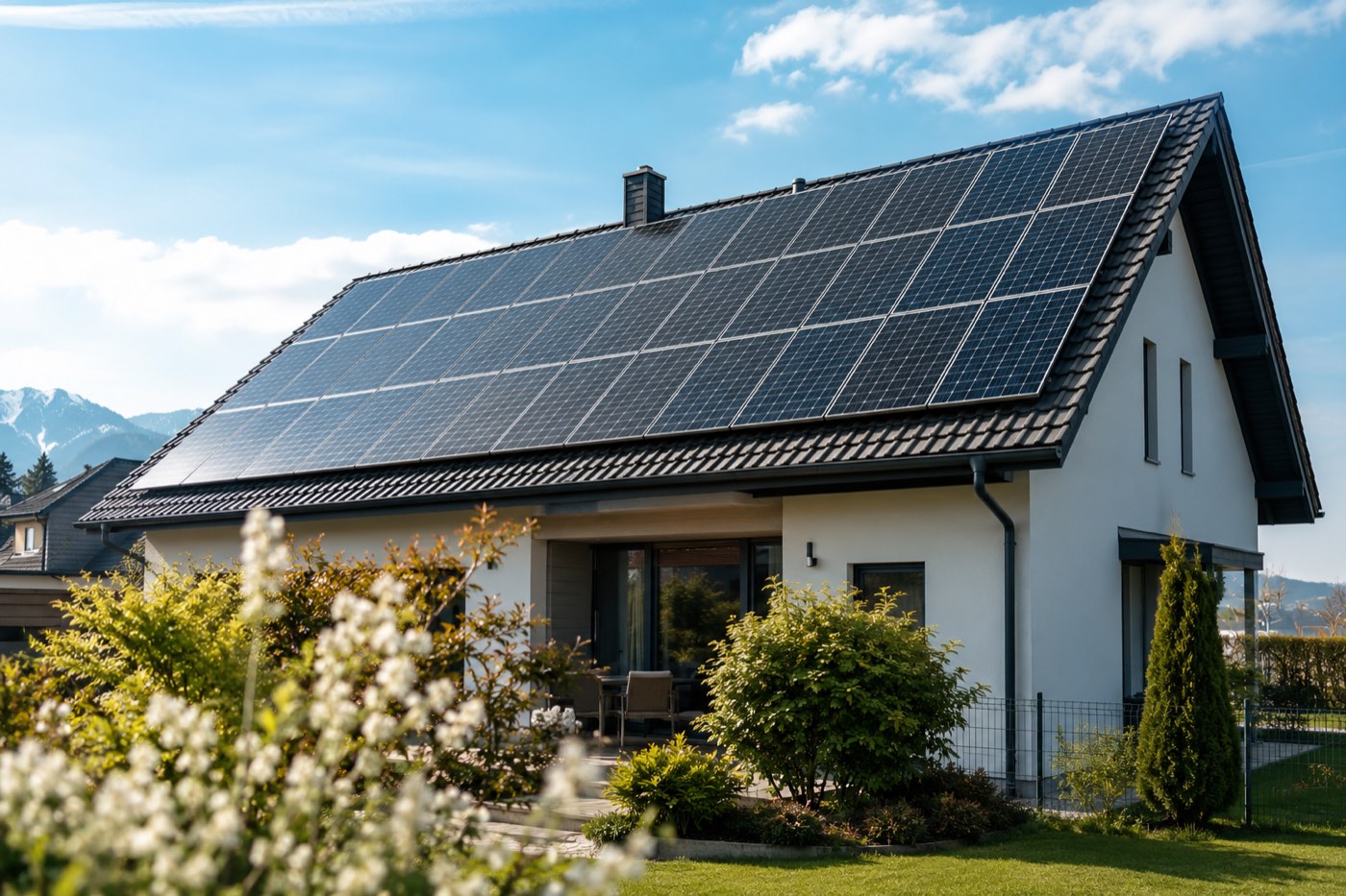 Photovoltaikreinigung am Einfamilienhaus: saubere PV-Anlage auf einem Steildach in Wien-Umgebung, Garten im Frühling