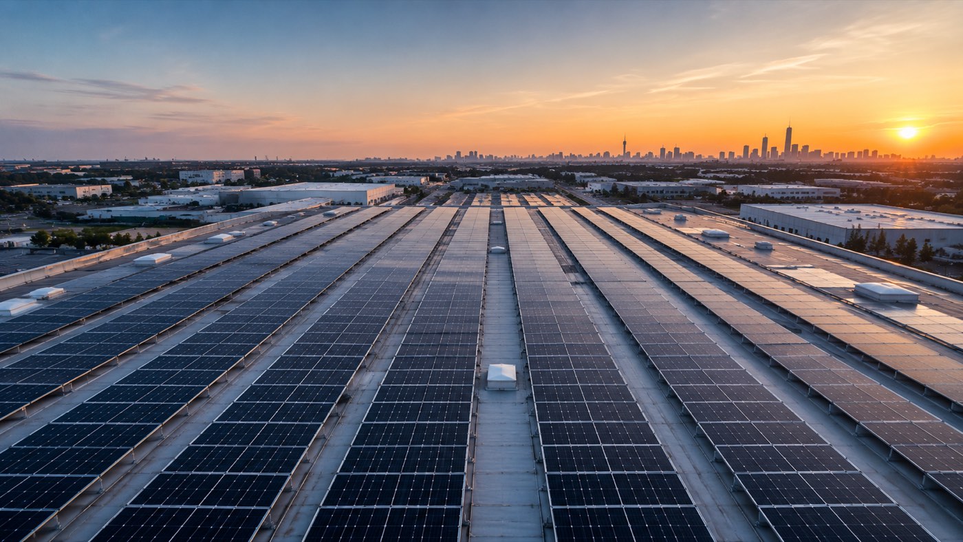 Photovoltaikreinigung für Gewerbe: Reihen von PV-Modulen auf einem großen Flachdach mit Skyline im Hintergrund