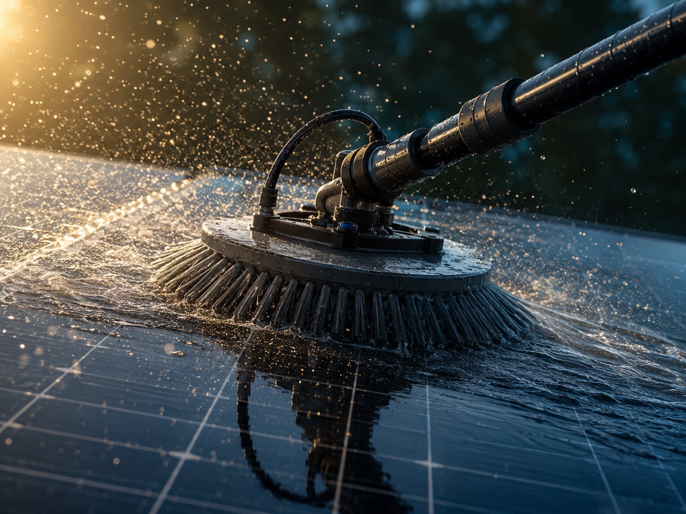 Rotierende Weichbürste mit Osmosewasser bei der Photovoltaikreinigung – feine Wassertropfen auf dem Modulglas