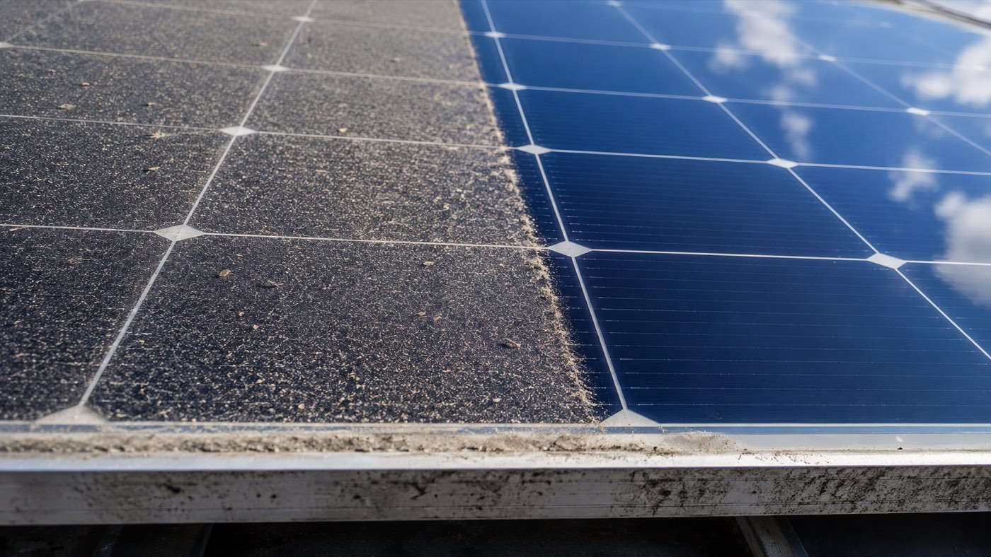 PV-Wartung: Solarmodul halb verschmutzt mit Staubschicht, halb professionell gereinigt – der Unterschied im Direktvergleich